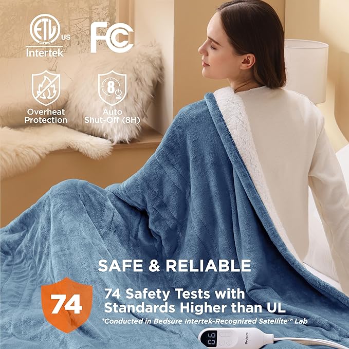 Bedsure Electric Blanket Twin - Soft Flannel Heated Blanket, Fast Heating with 10 Time Settings & 6 Heat Settings, Warm Gift for Grandma (62x84 inches, Blue)