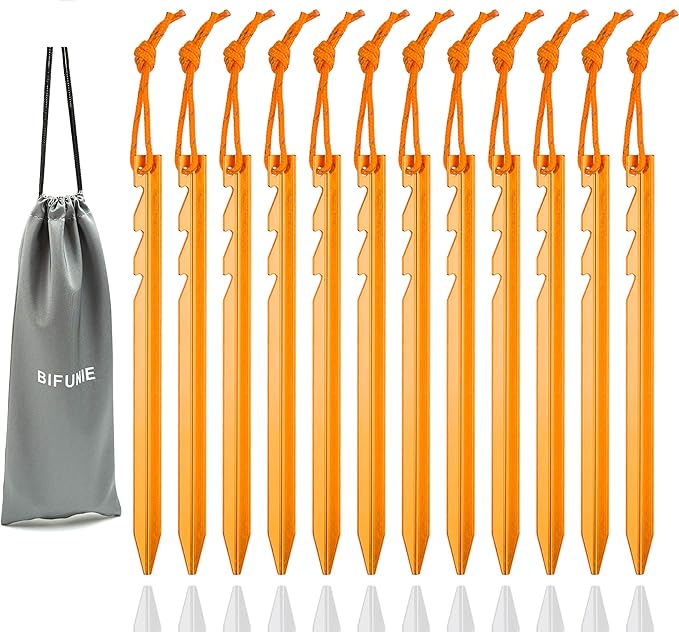 Aluminum Tent Stakes Pegs, 12-Pack Aluminum Ground Pegs with Reflective Pull Ropes, Heavy Duty Tri-Beam Metal Stakes Pegs for Backpacking Camping Tents Hammocks and Canopy