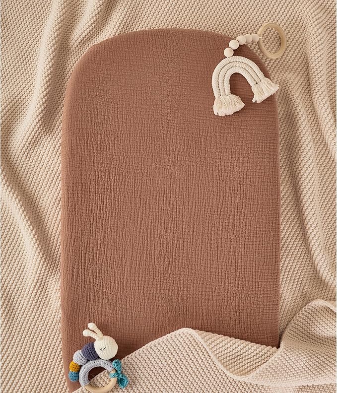 TILLYOU Muslin Bassinet Sheets Girls Boys, 100% Cotton Bassinet Sheets, Fit Oval, Rectangle and Square Mattress, 2 Pack，Caramel&Brown