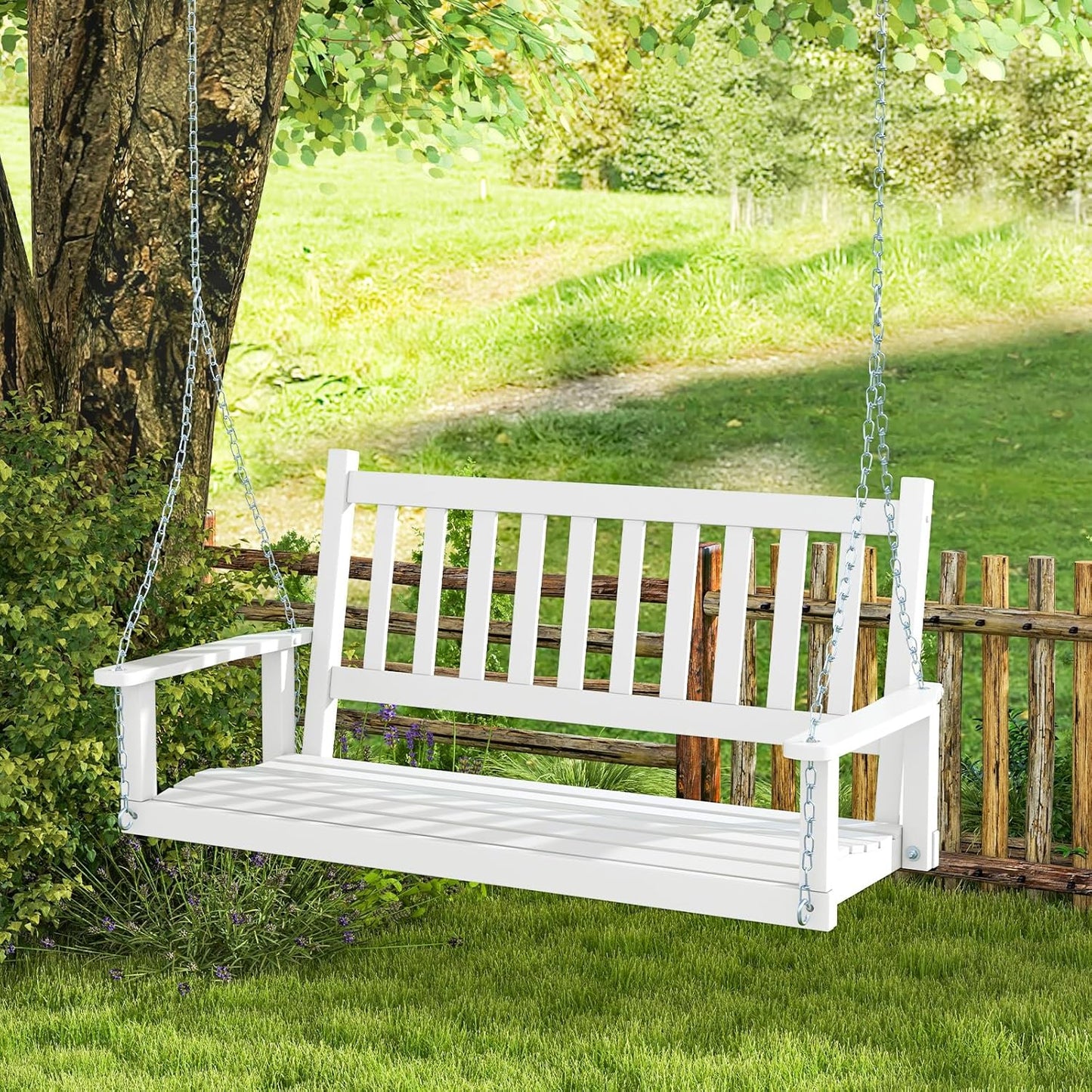 HAPPYGRILL Wooden Outdoor Porch Swing for 2, Patio Hanging Bench Chair with 500 LBS Weight Capacity, 5.6 FT Adjustable Upper Chains, Slatted Back, Swing Bench for Garden, Backyard