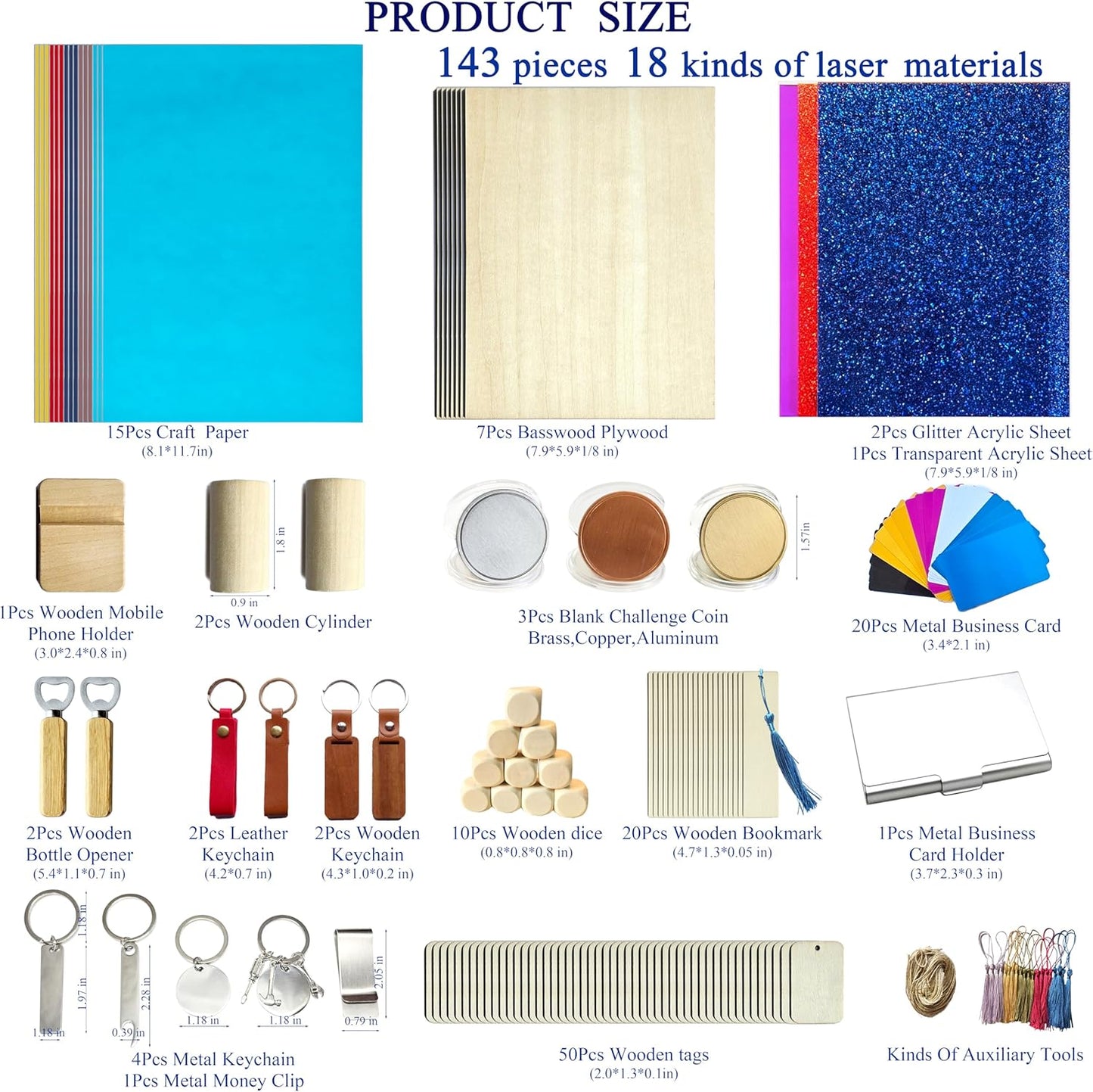 YoSpciaNe Laser Engraving Material Kit, 143 Pcs Engraving Supplies, 18 Kinds of Laser Blanks Including Wood, Paper, Acrylic, Metal, PU Leather