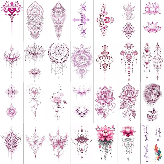 Pink Boho Temporary Tattoos | realistic temporary tattoos specially designed for women. These are waterproof fake tattoo stickers featuring floral and butterfly patterns.