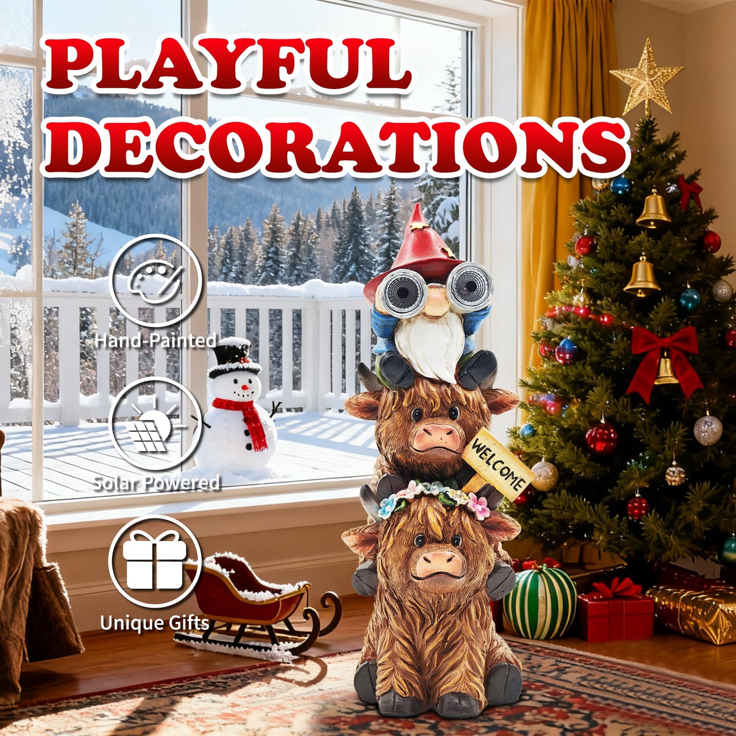 Cffownug Christmas Garden Gnomes Outdoor Statue: 11 Highland Cow Decor With Welcome Sign Funny Triple Yard Decorations With Solar Light Unique Birthday Gifts For Women Mother Grandma