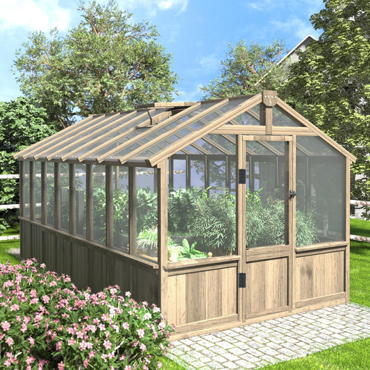 8x16 FT Greenhouse for Outdoor, 6MM Thick Polycarbonate Panel Wooden Walk-in Green House with Adjustable Roof Vents and Lockable Door, Backyard Garden, Light Mocha Brown