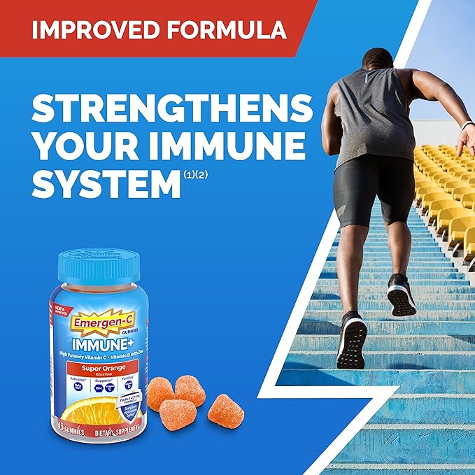 Emergen-C Immune+ Immune Gummies, Vitamin D plus 750 mg Vitamin C, Immune Support Dietary Supplement, Caffeine Free, Gluten Free, Super Orange Flavor - 45 Count