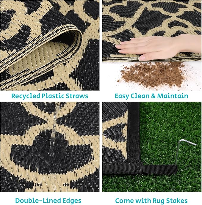 HEBE Outdoor Rug 9'x12' for Patios Waterproof Clearance Reversible Patio Mat Plastic Straw Rug RV Camping Mat Outside Area Rug Carpet for Camping RV,Porch,Deck,Balcony,Camper,Backyard