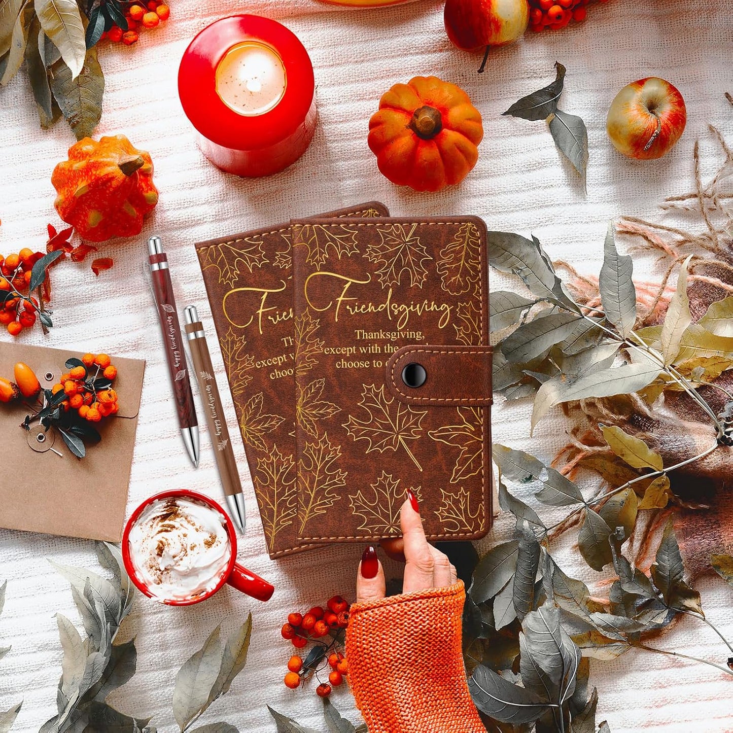 20 Sets/40 Pcs Friendsgiving Gift Bulk Thanksgiving Notebooks Maple Leaf A6 Leather Journals with Bamboo Pens Friendsgiving Party Favors Christmas Sisterhood Gift for Women Friends Bestie Sorority