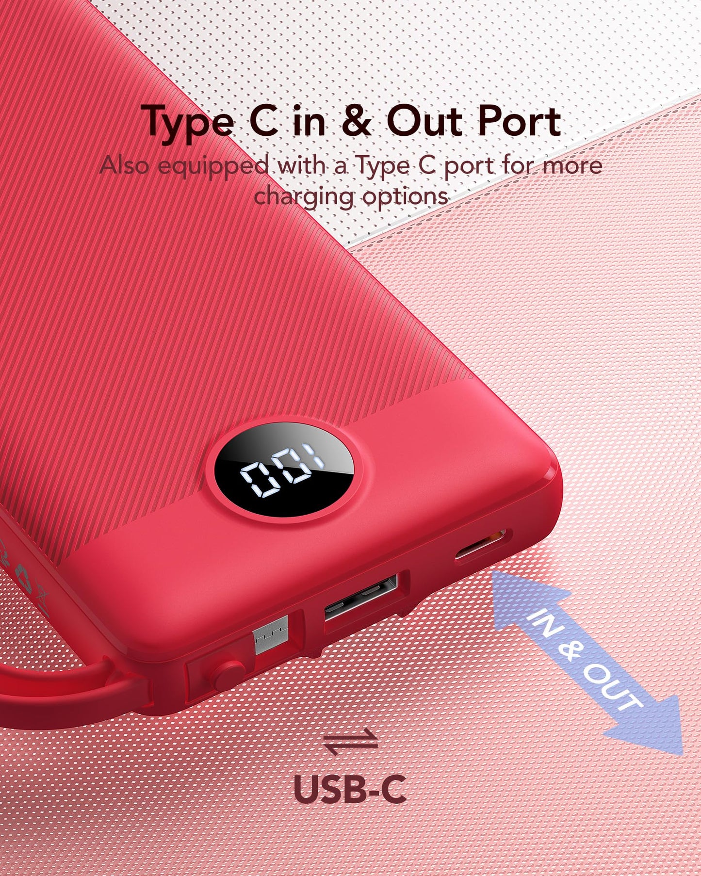 Vrurc Portable Charger, 10000Mah Power Bank Built In Cables For Iphone, Slim Compact Travel Essentail, 5 Outputs 2 Inputs Usb C