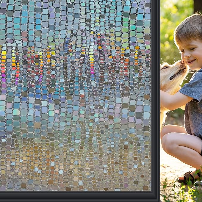 Windimiley Rainbow Window Privacy Film, 3D Stained Glass Christmas Decorative Window Clings, UV Heat Blocking Holographic Prism Stickers for Home(11.8 x 78.7In,Brown)