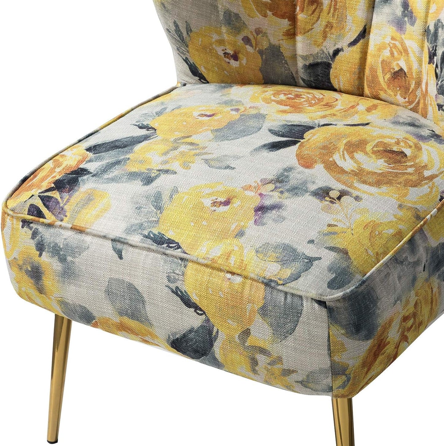 Accent Chair Set of 2 with Golden Legs, Comfy Floral Fabric Living Room Chair, Wingback Small Armless Side Chair, Upholstered Slipper Chair for Bedroom, Reading Room (Flower Print, YELLOW)