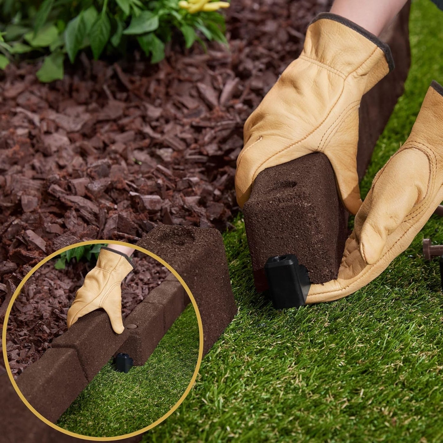 Rubberific 4' Rubber Cobblestone Flexible No Dig Landscape Mulch Border Edging with Anchoring Spikes for Lawns, Gardens, and Flower Beds (2, Brown)