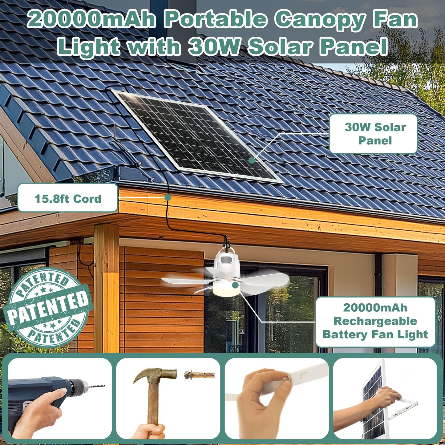 Gliztech Solar Ceiling Fan Light, 30W Solar Powered Fan with Remote, 20in  White, Model SSDSFL006 for Outdoor Use