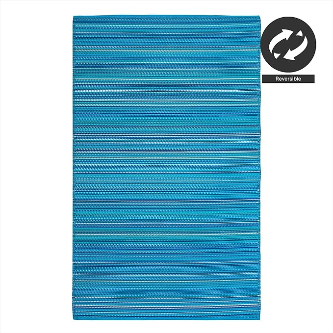 FH Home Outdoor Camping Rug - Waterproof, Fade Resistant, Reversible - Premium Recycled Plastic - Striped - Patio, Deck, Sunroom, RV - Havana - Turquoise - 5 x 8 ft Foldable