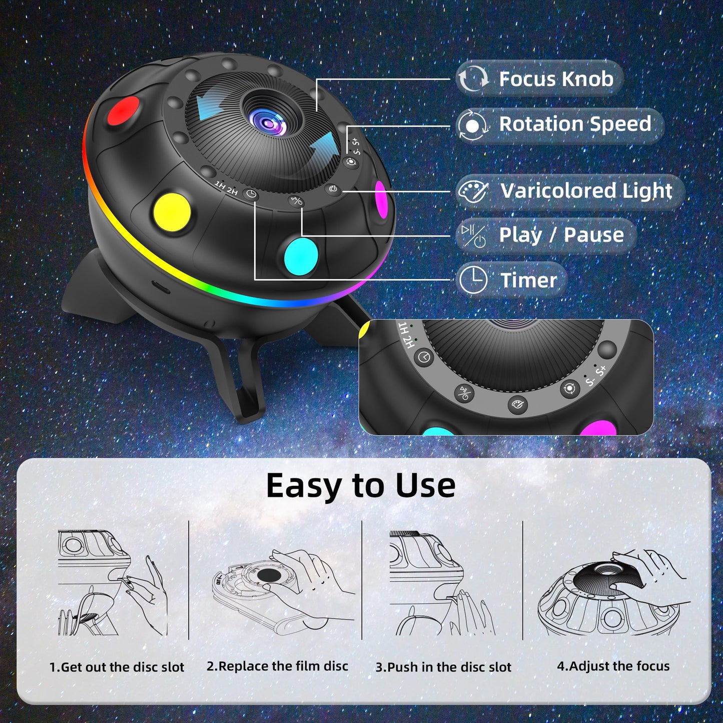 Ufo Galaxy Projector With 12 Hd Film Discs  Rgb Ambient Light  Bluetooth Speaker  White Noise  Timer  Remote Control  Star Projector For Kids Bedroom  Gift For Boys Girls
