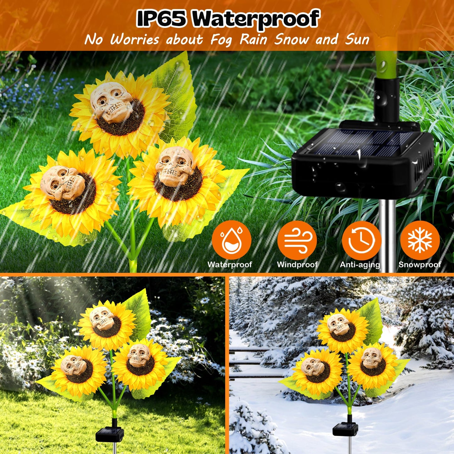 Stadeco Halloween Decorations - 3 Pack Solar Scary Skull Lights, Waterproof, Warm White, Model SXF-XRK-skull-3P