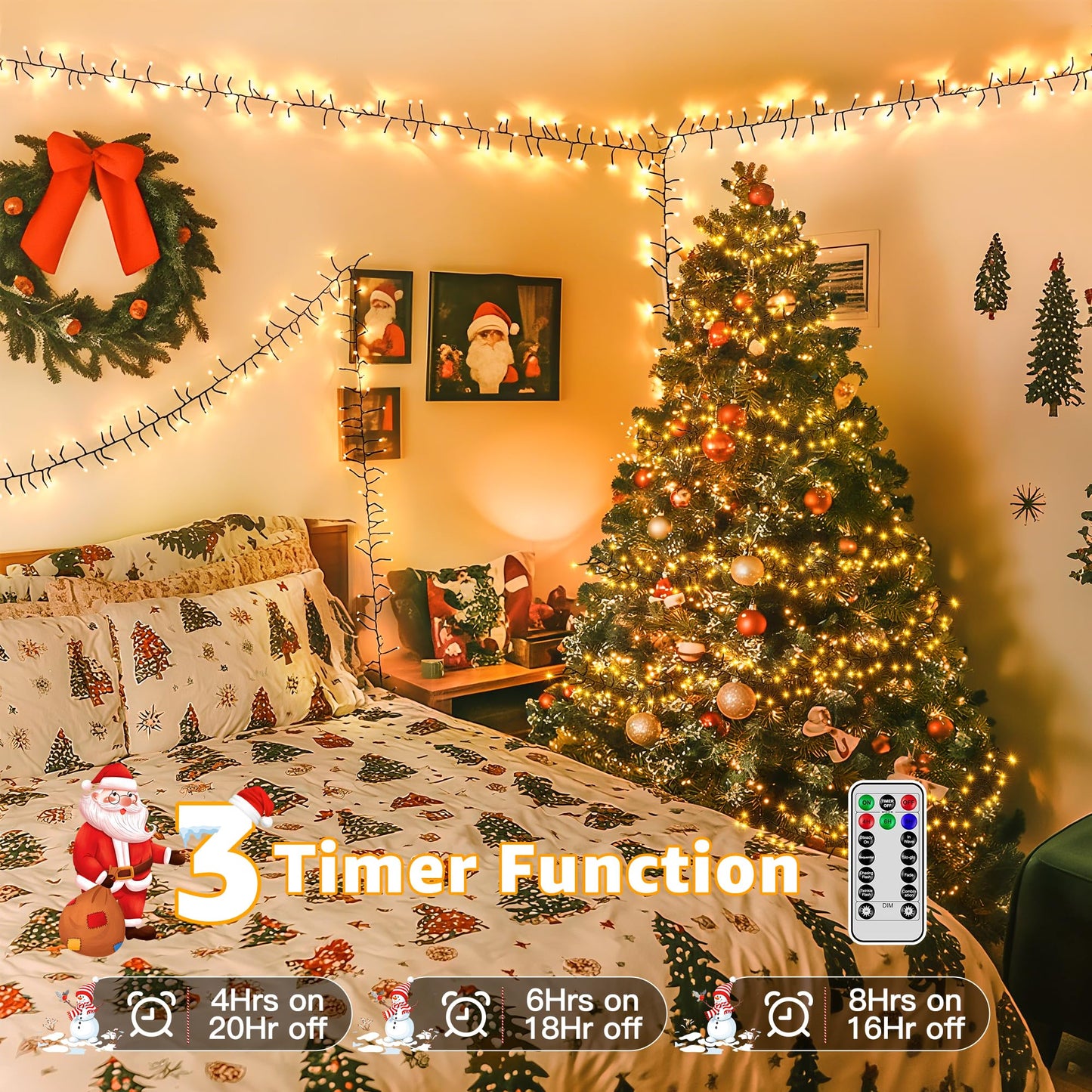 Ccinny 1200 Led 59 Ft Cluster Lights  Warm White Christmas Tree Lights 8 Modes Timer Remote  Waterproof String Lights For Indoor Outside Garland Xmas Decorations