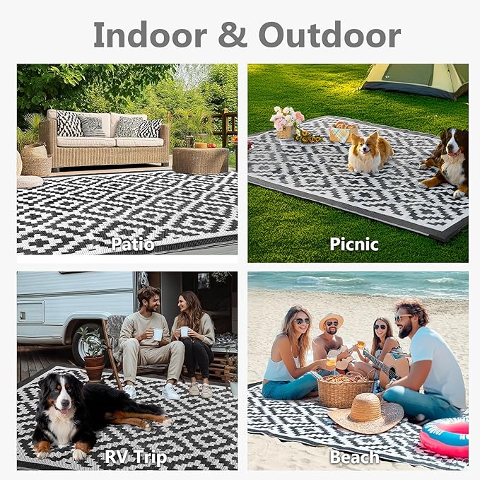 5x8 ft Outdoor Rug Waterproof, Plastic Straw Patio Carpet - UV Resistant Reversible Indoor Outdoor Rugs for Porch, Camping, Poolside, RV, Balcony, Easy to Clean, Black and White