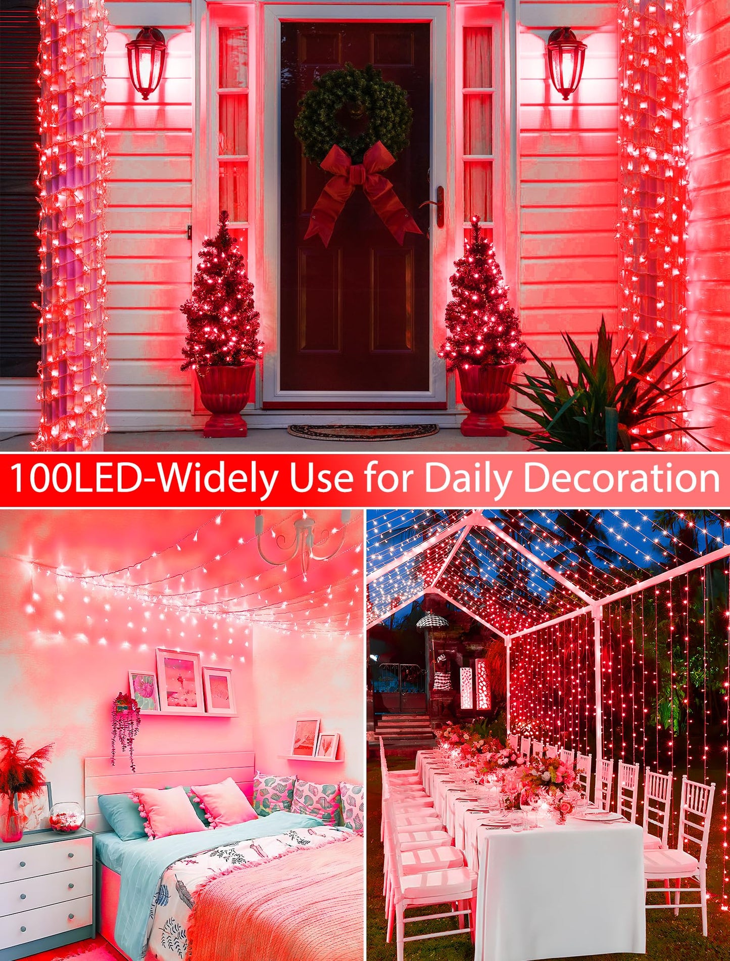 Mygoto 33Ft 100 Leds String Lights Waterproof Fairy Lights 8 Modes With Memory 30V Ul Certified Power Supply For Home  Garden  Wedding  Party  Christmas Decoration Indoor Outdoor (Red)