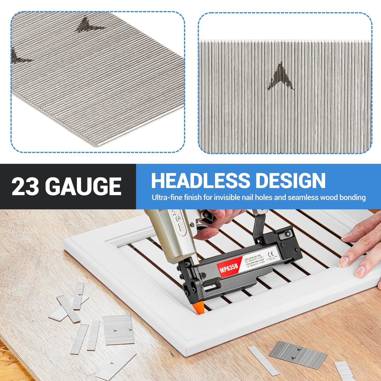 meite 23 Gauge Pin Nails, Assorted 6 Sizes (1/2", 5/8", 3/4", 1", 1-3/16", 1-3/8") Micro Headless Piner Nails - Galvanized 23GA Pins Nails for Nail Gun, Ideal for Trim Work (6,000 Counts)