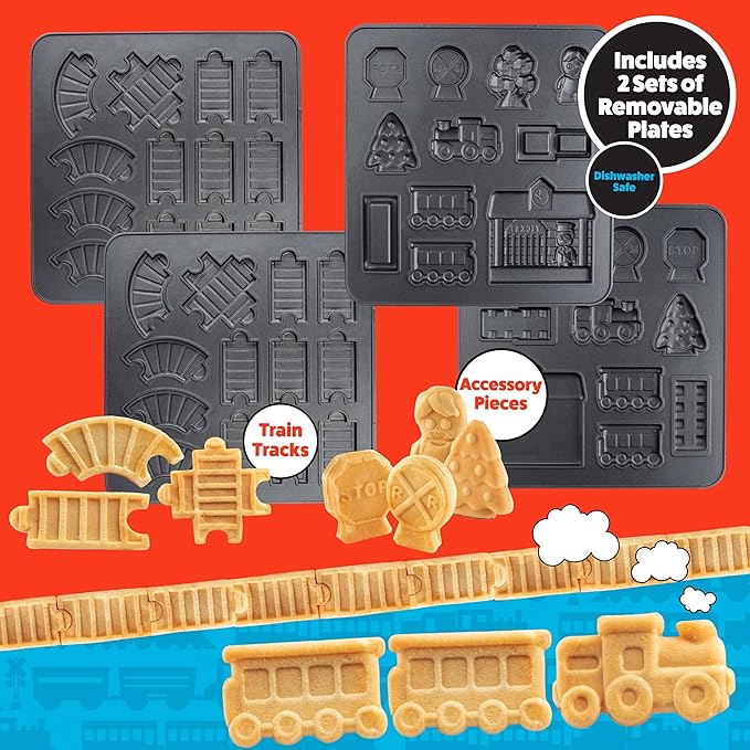 Train Set Waffle Maker – Build Track & Cargo Car Shaped Mini Waffles – Electric Non-Stick Plates, Dishwasher-Safe Removable Inserts for Kids Xmas Breakfast, Pancakes, Snacks, Family Fun Gift & Play!