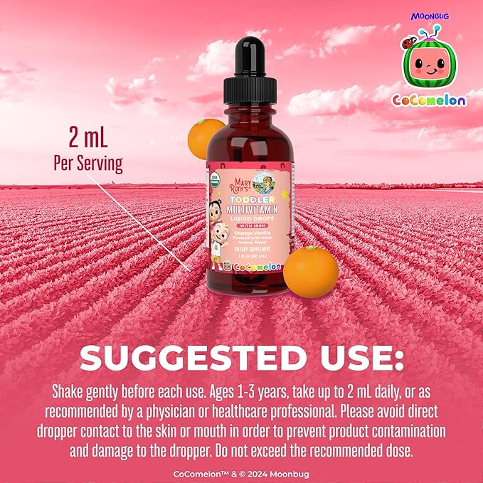 MaryRuth Organics CoComelon Toddler Kids Multivitamin with Iron | Immune Support | Toddler Vitamins | USDA Organic | Sugar Free | Multivitamin Liquid Drops for Kids Ages 1-3 | Vegan | 1 Fl Oz