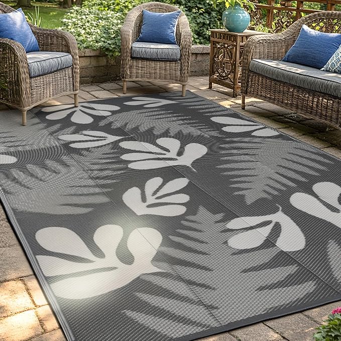 wikiwiki Outdoor Rug, 9x18ft Waterproof Reversible Mat Indoor Outdoor Rugs Carpet, Small Area Rug Plastic Straw Rug for Patio Deck Balcony Pool RV Camping Beach Picnic, Grey Leaves, Rugscape Series