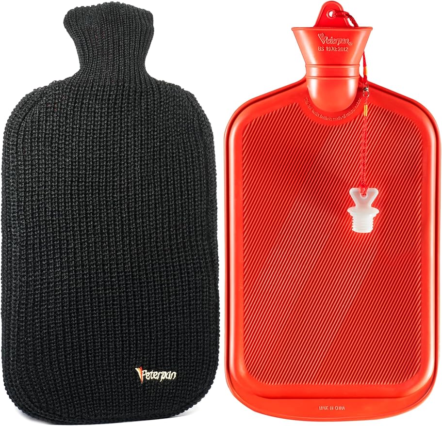 Peterpan The Original Knit Cover Wool Blend Hot Water Bottle, 100 Fl Oz (3 Liters) Capacity, BPA & Phthalates Free, Hot Water Bottle for Bed, Hot Water Bottles for Pain Relief, Black