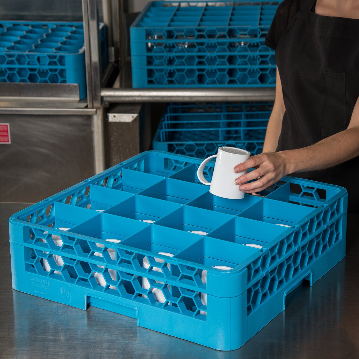 Carlisle FoodService Products Opticlean Glass Rack 16 Compartments with 1 Extender for Kitchens and Restaurants, Plastic, 19.875 x 19.875 x 5.5 Inches, Carlisle Blue