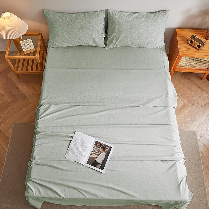 King Sheets Sage Green, Ultral Soft Cationic Linen Look Sheets, Luxury Cooling Cozy Bed Sheet Set with Non-Slip Fitted Sheet