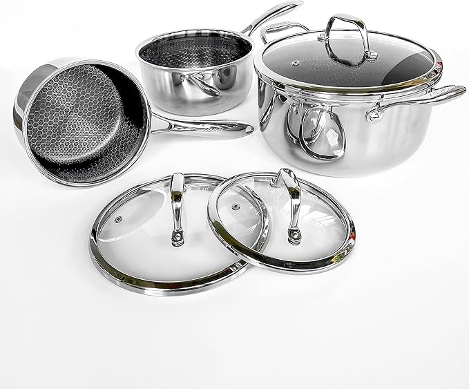 6 Piece Pot Set Hexagon Surface Hybrid Stainless Steel 1.5, 3, and 6 Quart Pots with Lids