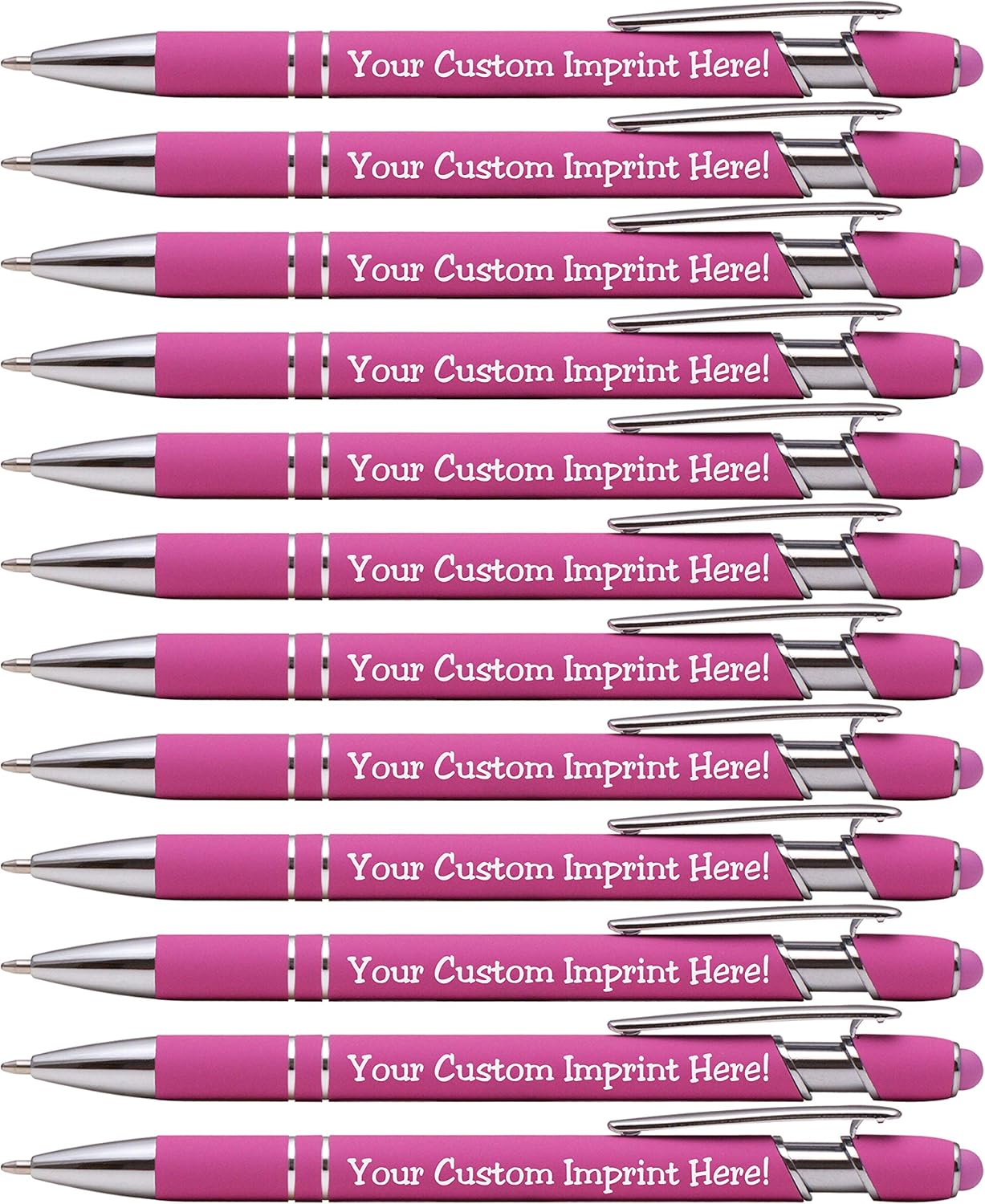 ExpressDesigns™ - Premium Custom Pens with Stylus | Burst of Color | Personalized Soft Touch Metal Printed Name Pens w/Black Ink - Imprinted w/Logo or Message - 12 pcs/pack (Pink)