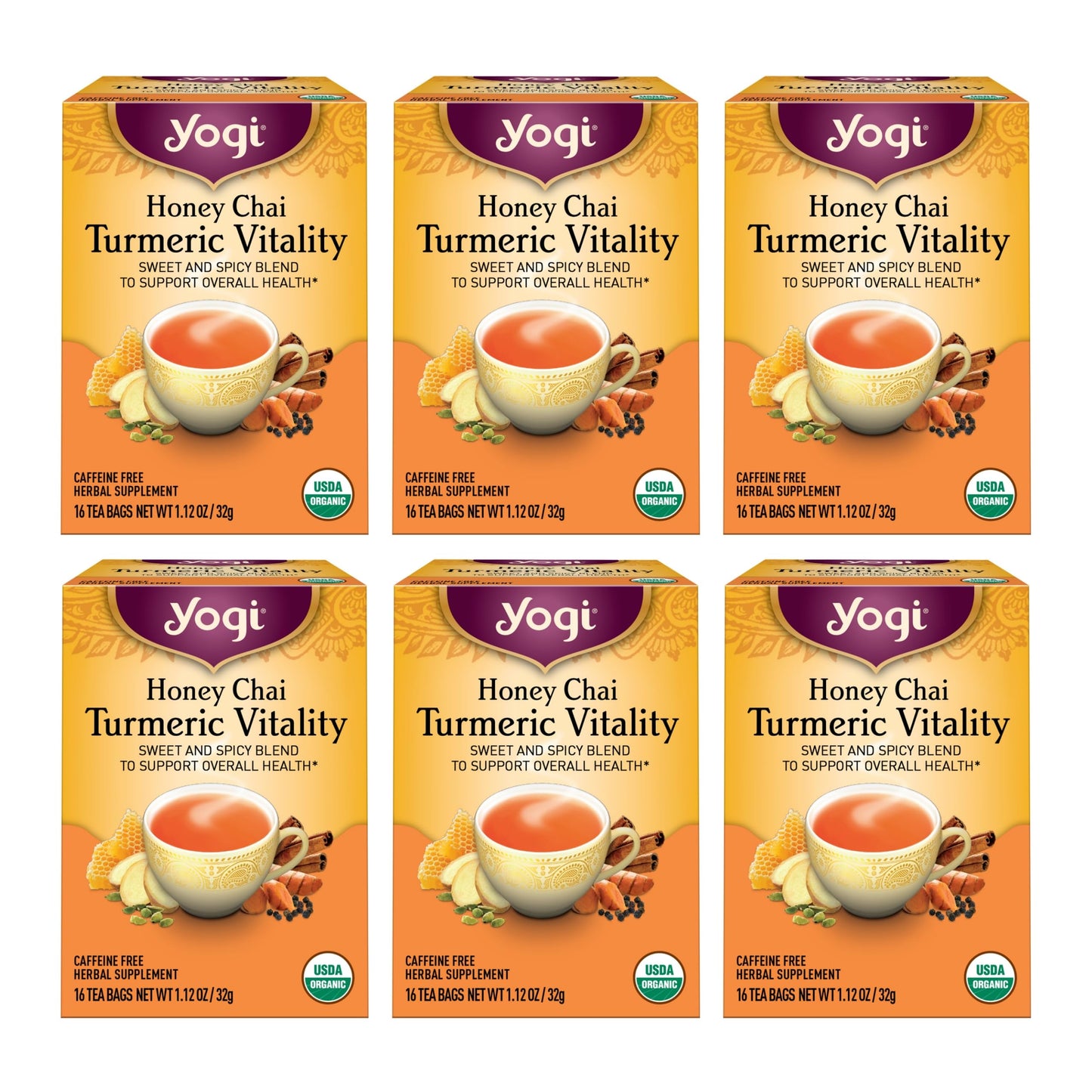 Yogi Tea Honey Chai Turmeric Vitality Tea - 16 Tea Bags per Pack (6 Packs) - Organic Tea to Support Overall Health - Includes Ci