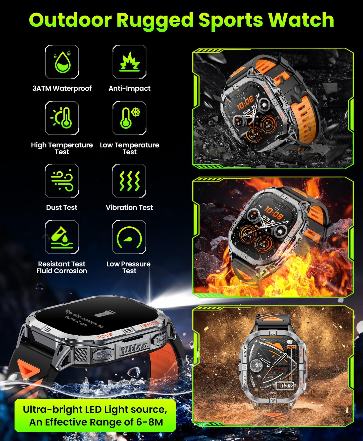 Joautrial Military Smart Watch - GPS, 2.13" AMOLED, 3ATM Waterproof, Black, Extra Large, Model 1771d879-e962