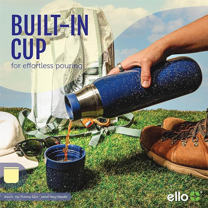 Ello Therma 32oz Insulated Stainless Steel Thermos for Hot & Cold Beverages with Leak Proof Lid & Built-in Cup, Triple Wall Insulation, Hot 24 Hrs, Perfect for Coffee,Tea, Dishwasher Safe, Green