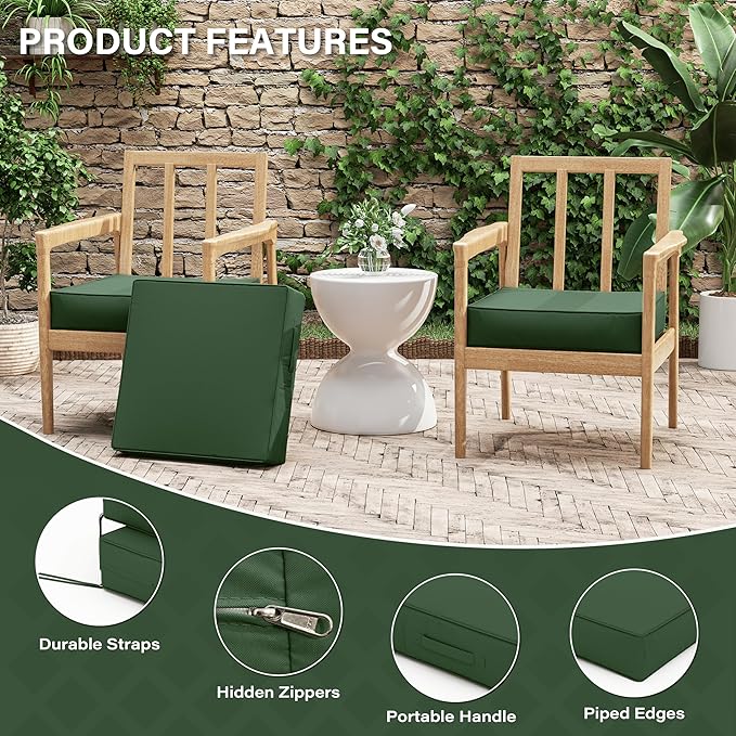 Patio Chair Cushions 19 X 19 X 4 Inch Waterproof Outdoor Seat Cushions for Patio Furniture, Outdoor Sofa Couch Pads with Ties & Handle, Set of 2, Green