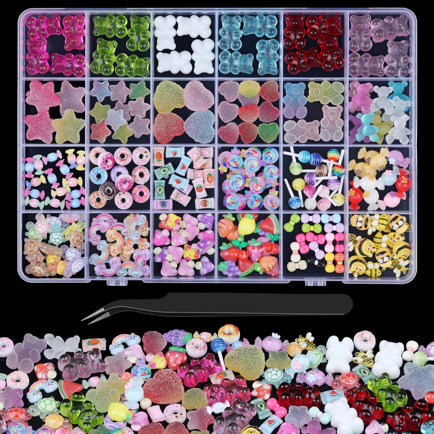 230 Pcs Kawaii Nail Charms Mixed Clear Gummy Bear Beads and Heart Star Flatback Resin Charms, Cute 3D Sugar Bee Bow Slime Charms