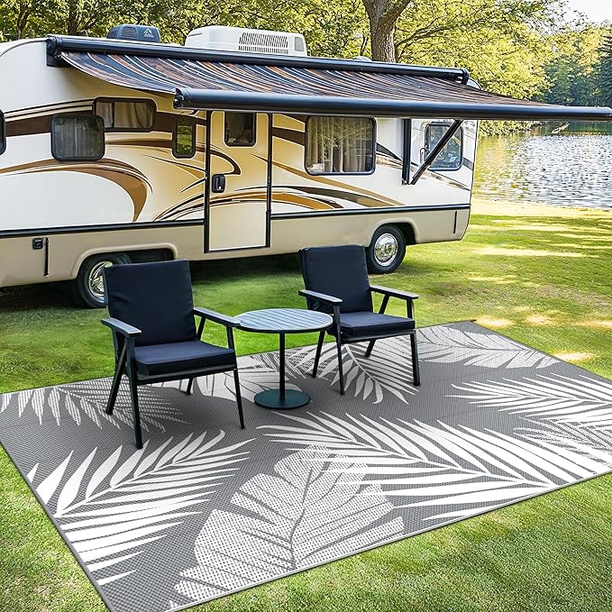 Outdoor Rug 4' x 6' for Patio Waterproof Clearance, Reversible Indoor Outdoor Plastic Straw Camping Rug Carpet, RV Mat, Large Area Rug for Deck, Backyard, Balcony, Porch, Beach, Grey and White