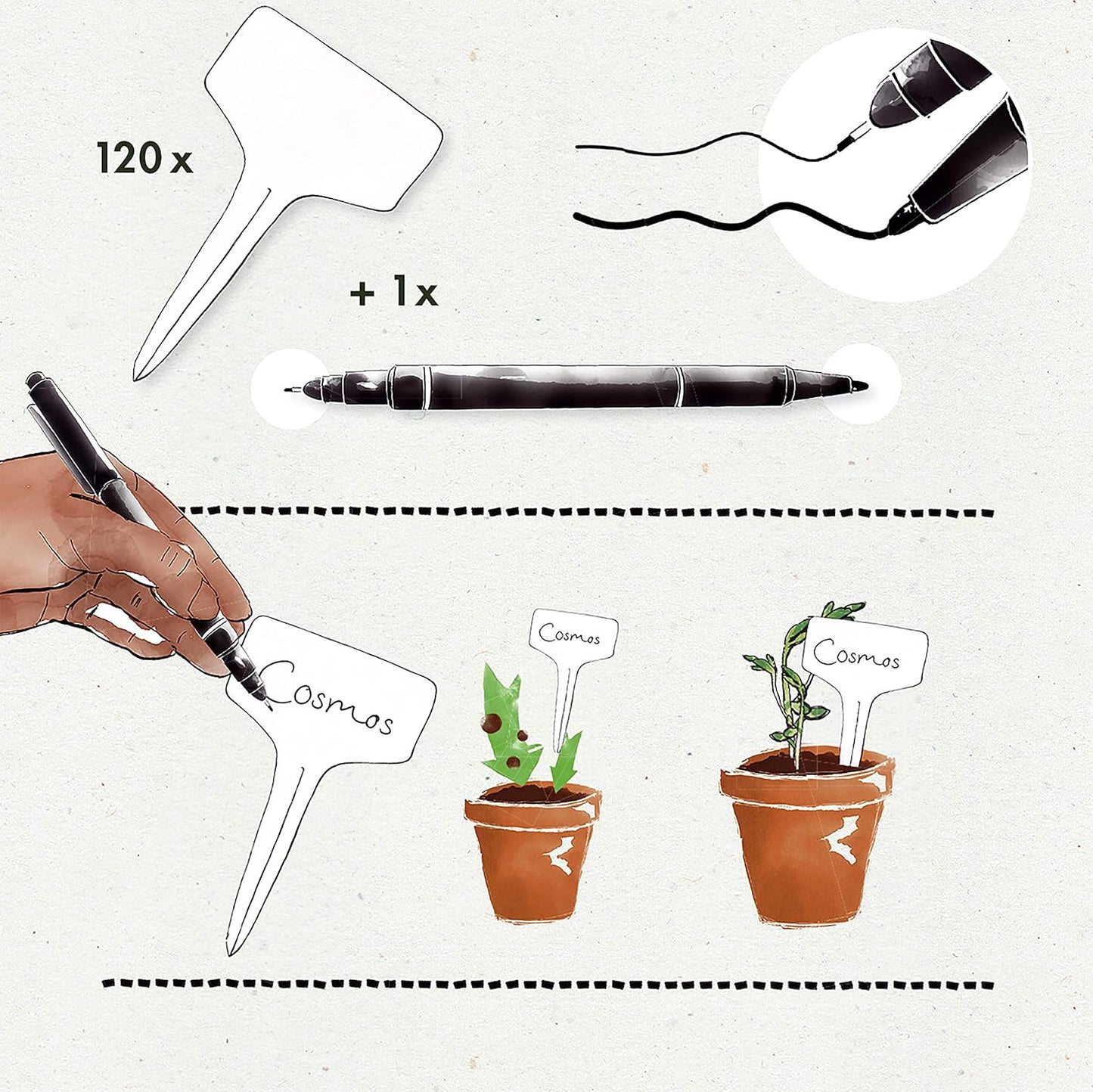 Plant Markers: 120 Plastic Plant Name Tags and Weatherproof Marker Pen – Plant Labels Wooden – Seedling Labels – Gardening Name Tags