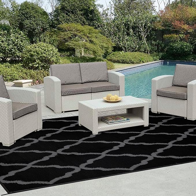 Easy-Going Reversible Outdoor Rugs 5x8ft Waterproof Plastic Straw Rug Stain & UV Resistant Floor Mat for Patio Porch RV Backyard Pool Deck Picnic Beach Trailer Camping (Moroccan Black & Grey)