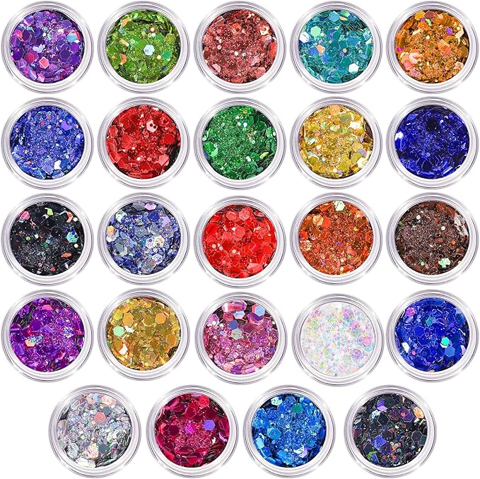 LEOBRO Glitter, 24 Jars Holographic Chunky Glitter for Crafts, Resin, Sequins for Crafts, Hair Face Body Makeup Nail, DIY ...