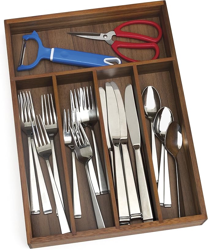 Lipper International 1076 Acacia Wood Flatware Organizer with 5 Compartments, 10-1/4" x 14" x 2"