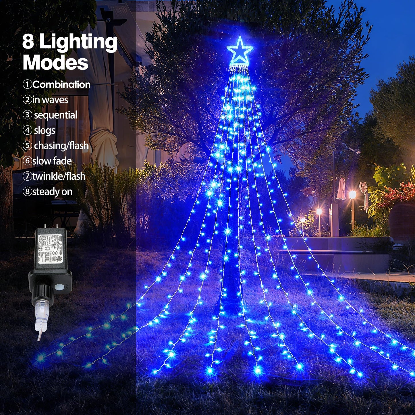 Blctec Outdoor Christmas Decorations 317 Leds Christmas Lights With 9 Strands 11.9Ft Waterfall Christmas Tree Lights  8 Modes  Ul Certified  Waterproof  Topper Star & Timer For Yard Patio D?Or  Blue