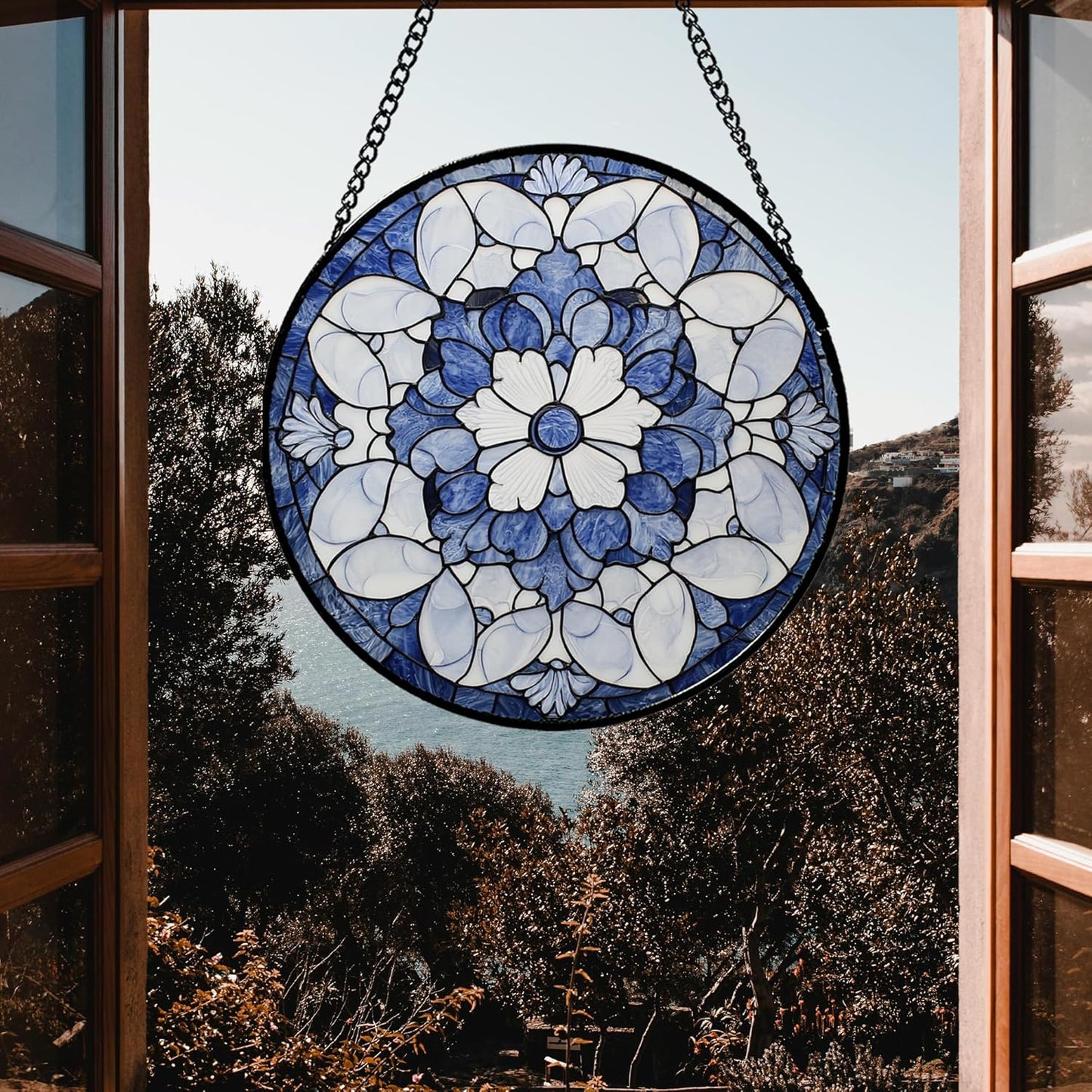 Stained Glass Window Hanging - Blue White Floral Pattern Suncatcher for Doors Garden Retro Sun Catchers Decor Christmas Mother's Day Birthday Gifts for Women Men Mom Nana Friend Girl 9.8 in