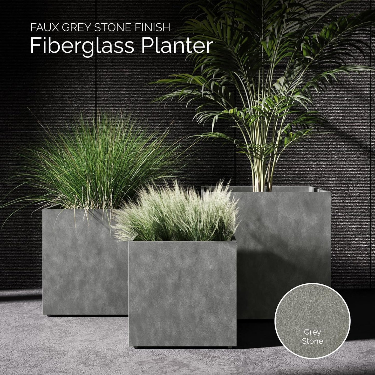 Reglito Cube Planter – Fiberglass Indoor/Outdoor and Weather-Resistant Large Planter (Grey Stone, 27.6" L x 27.6" W x 28.1" H)