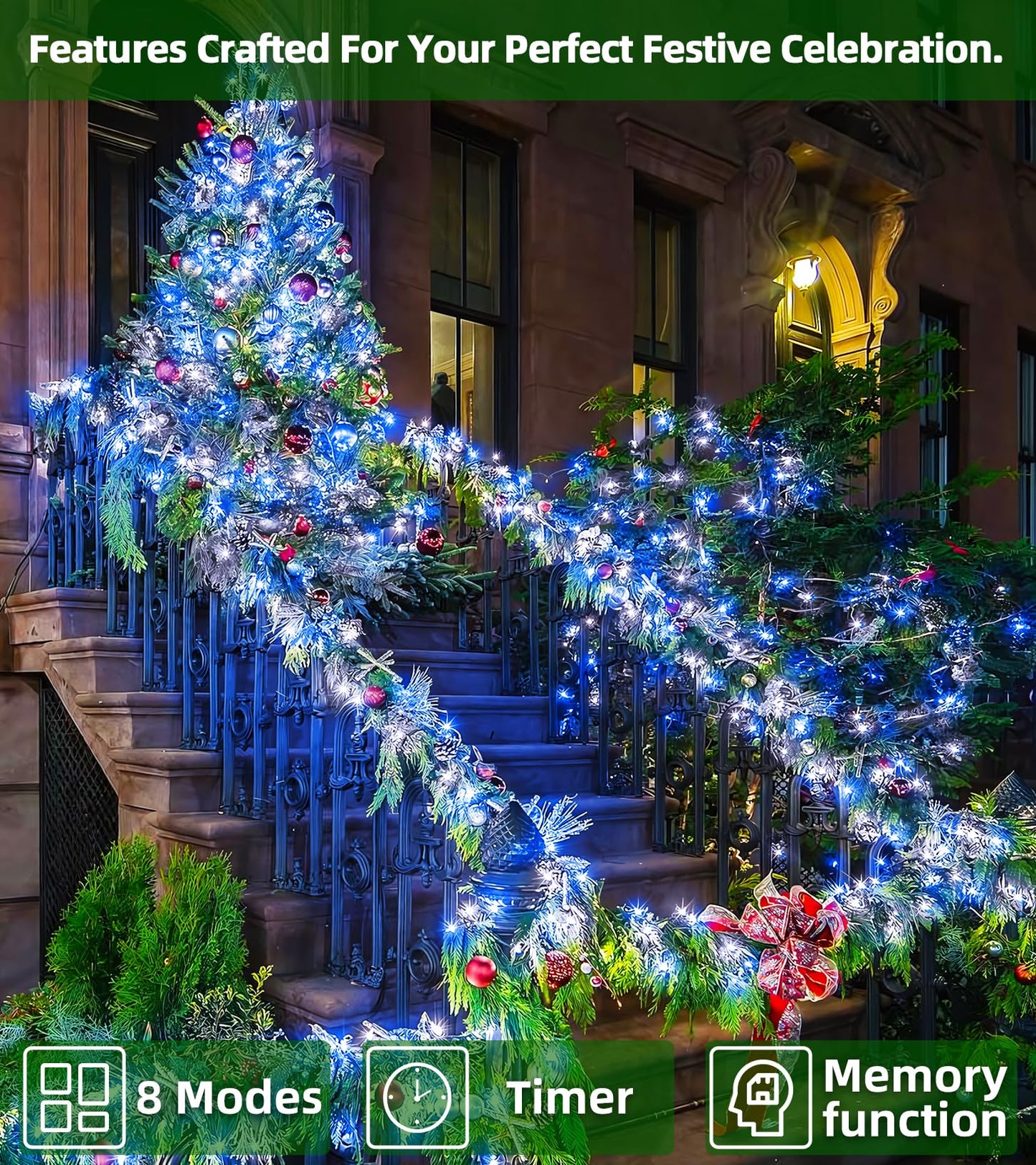 Quhuatu Led String Lights Christmas Decorations 8 Lightsing Modes Christmas Lights With Timer Functions For Tree Indoor Outdoor Decorr 1500 Led 492Ft Blue & White
