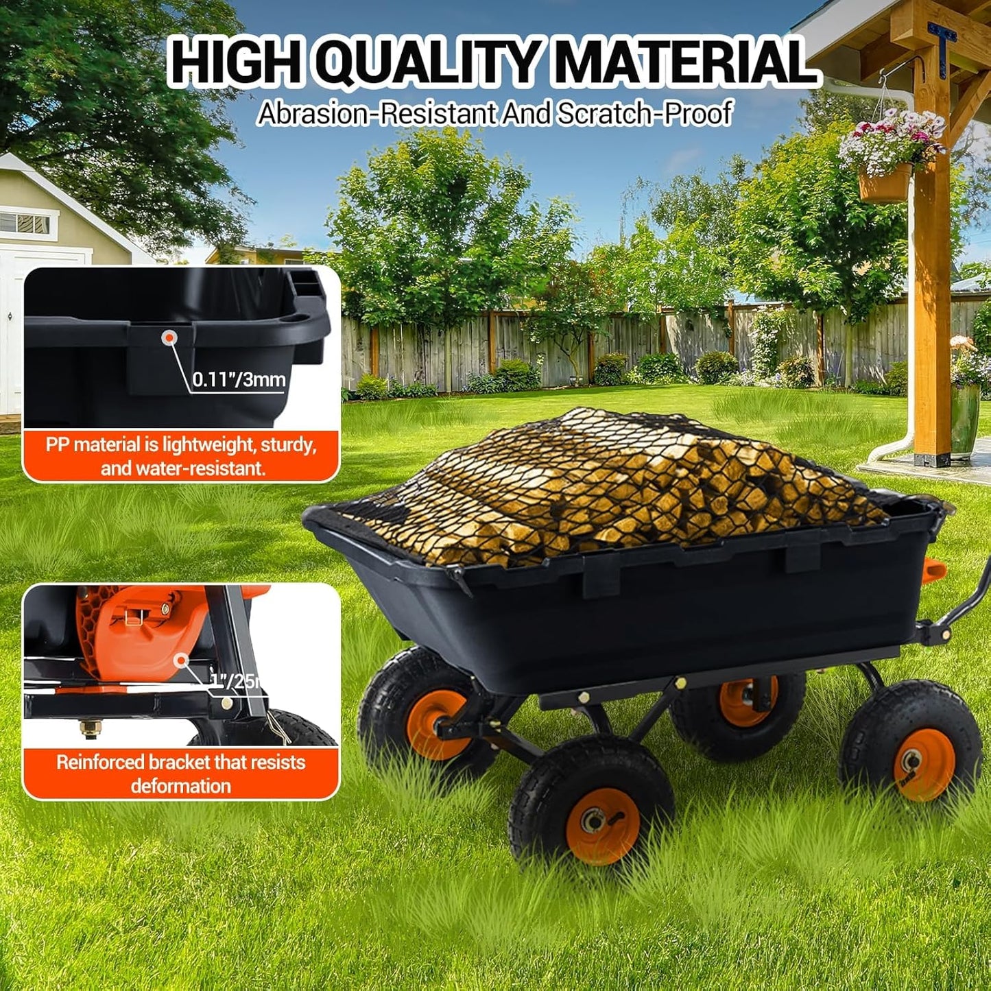 900 Lbs Poly Garden Dump Cart, Heavy-Duty Wheelbarrow with 10-Inch Tires, 180° Rotating Handle, Steel Frame and Quick Release System Garden Dump Cart for Soil Plants Gardening Tools Wood