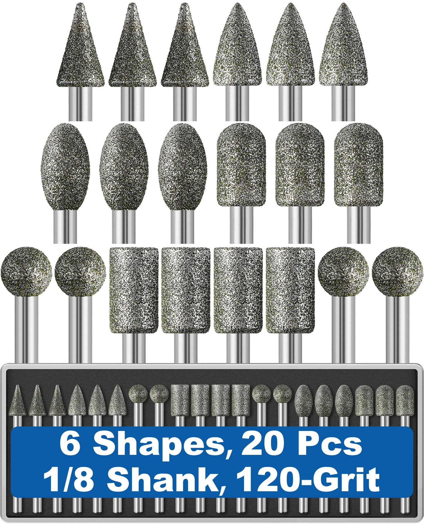 20Pcs 120-Grit Diamond Grinder Bit 1/8" Shank Compatible with Dremel Rotary Tool Attachment Accessories Grinding Burrs for Stone Glass Resin Porcelain Ceramic Quartz Glaze Steel Carve Engrave Polish
