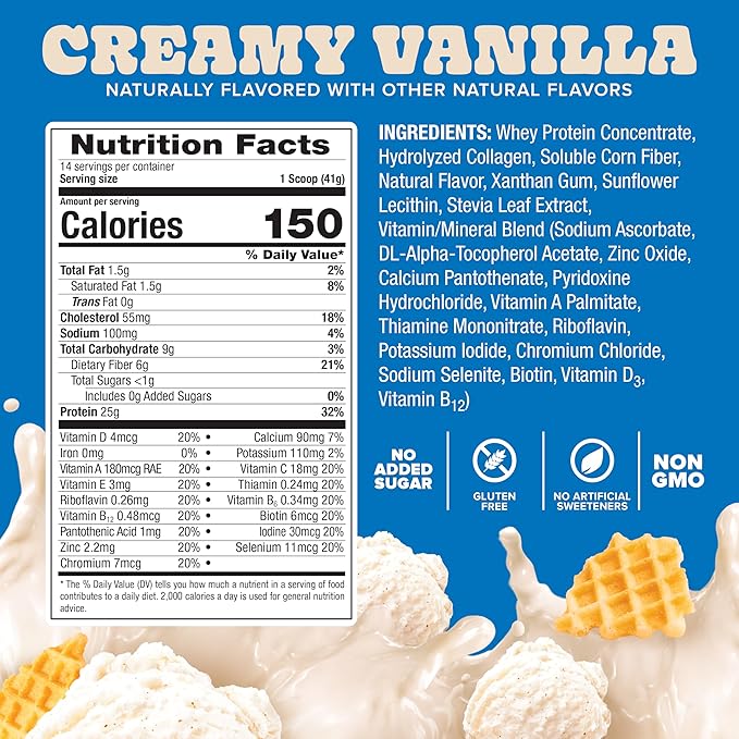 Pure Protein All-In-One Powder, Vanilla - Whey & Collagen, High Fiber, Vitamins, No Added Sugar, Non-GMO, Gluten-Free, 1.25lb