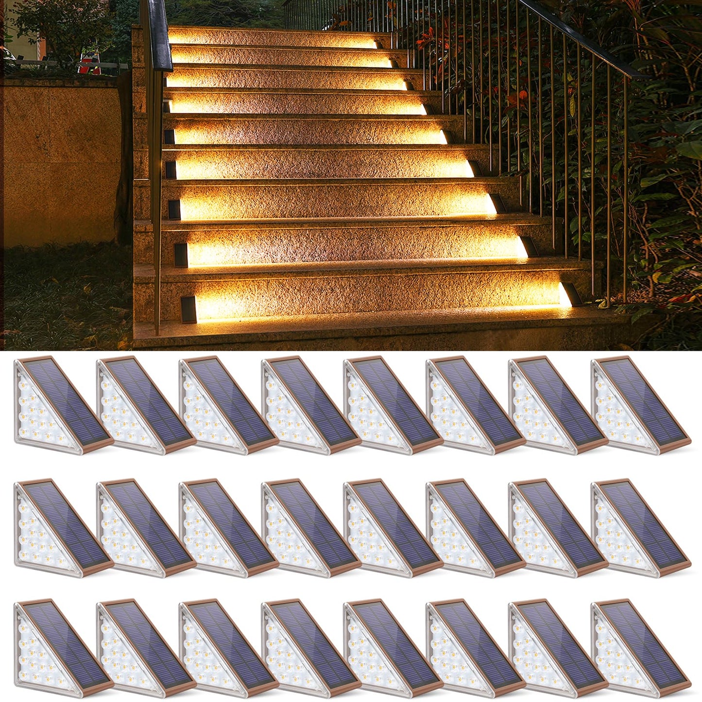 NIORSUN Solar Step Lights, 24 Pack, Warm White, IP67 Waterproof, Auto On/Off, Model ABE110-B, Outdoor Stair & Deck Decor