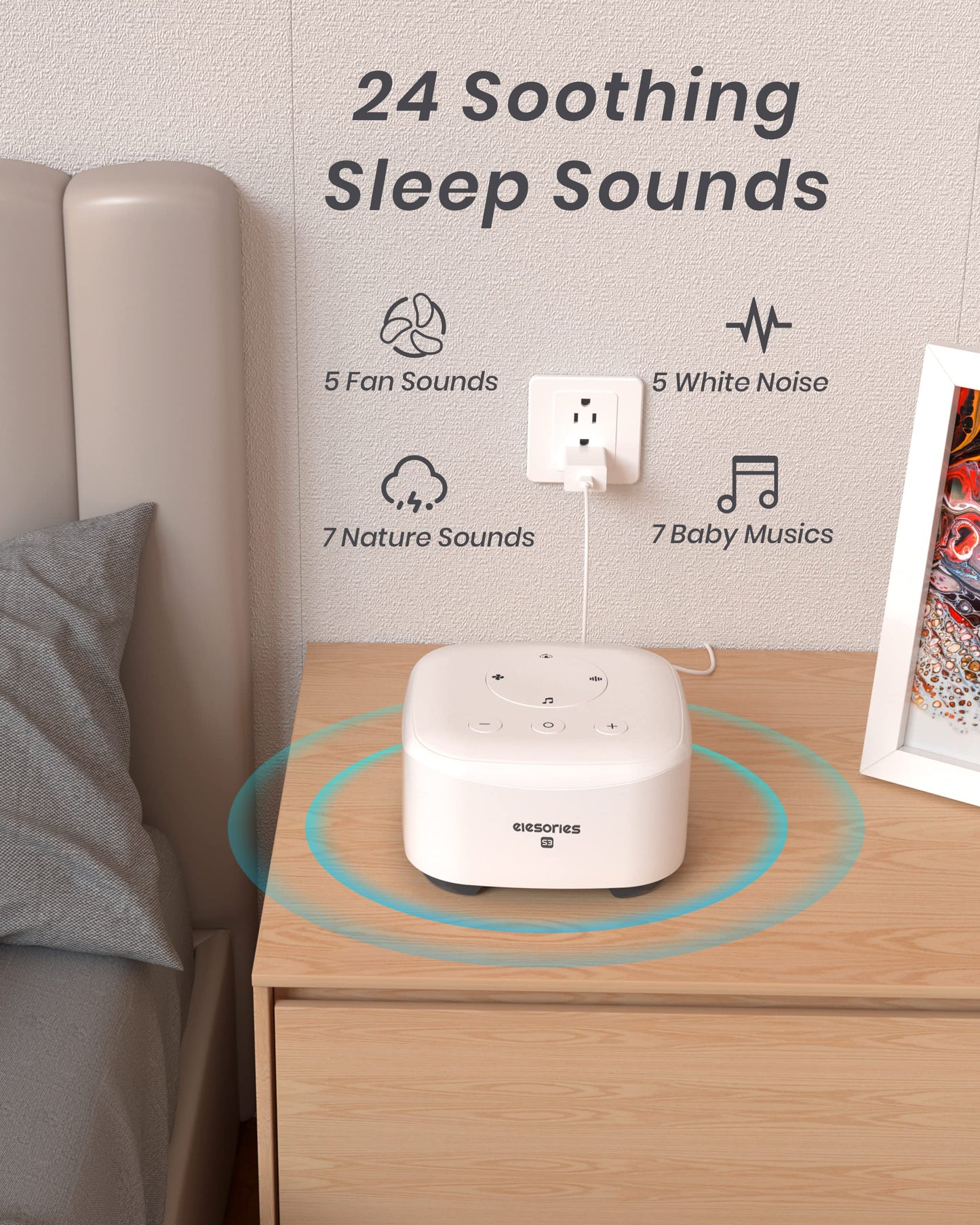 elesories White Noise Machine for Sleeping Nursery Office Home, Memory Function, Sleep Timer, Sound Machine with 20 Soothing Sounds, Sound Machine Baby Sleep Therapy Powered by AC or USB